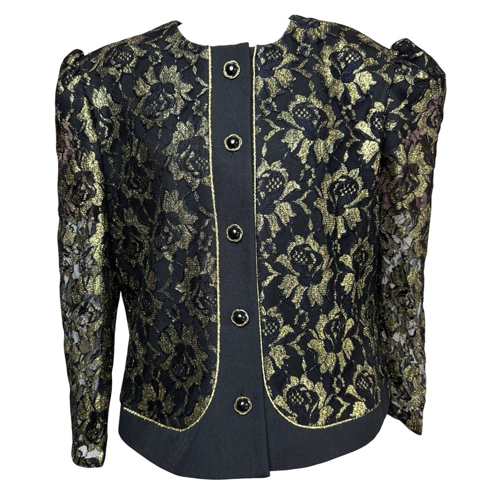 Vintage Blazer Jacket Women's Size L/XL Black Gold Formal Floral Metallic‎ Event